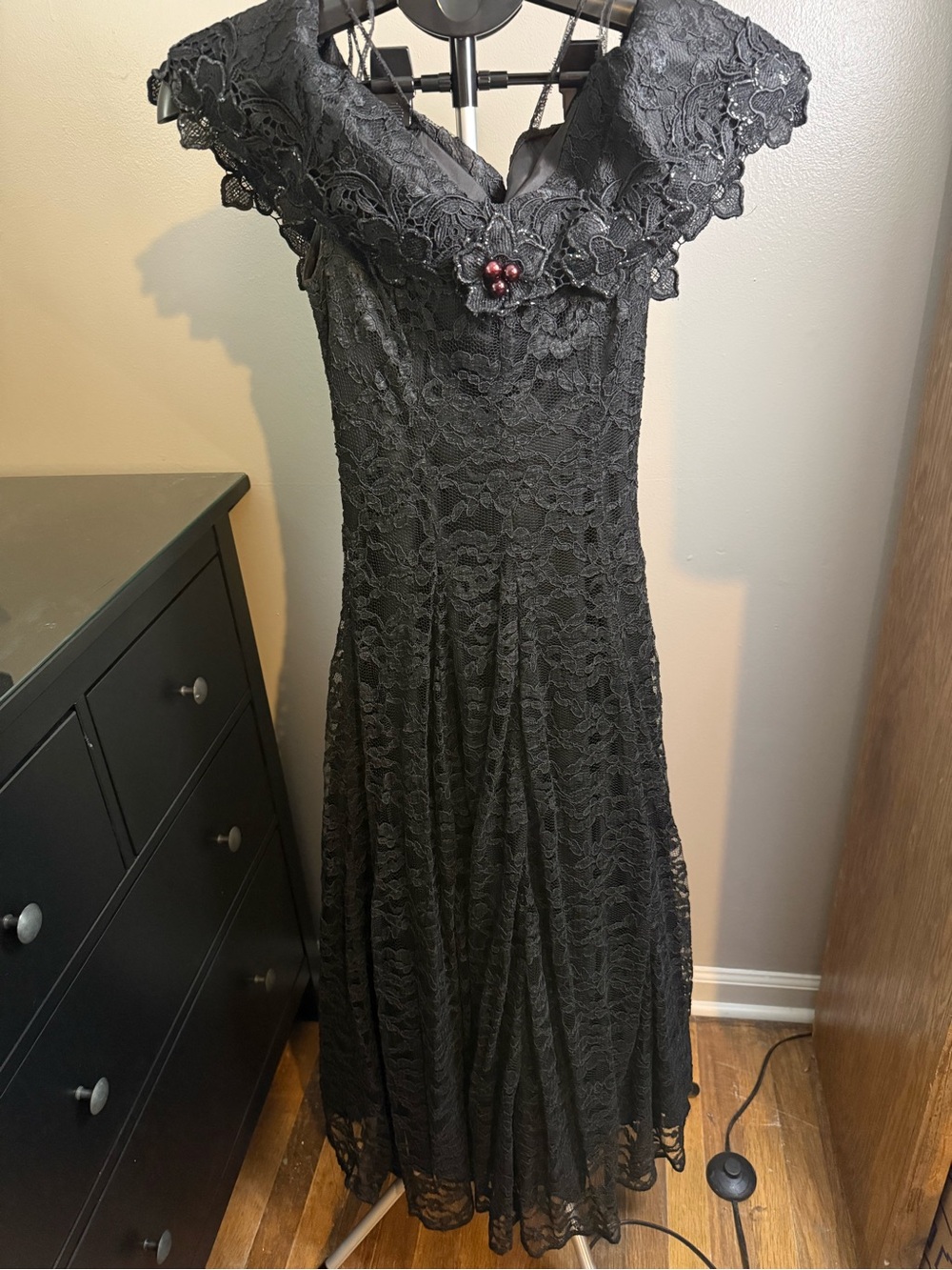 Cachet Black Lace Maxi Dress with Pearl Accent